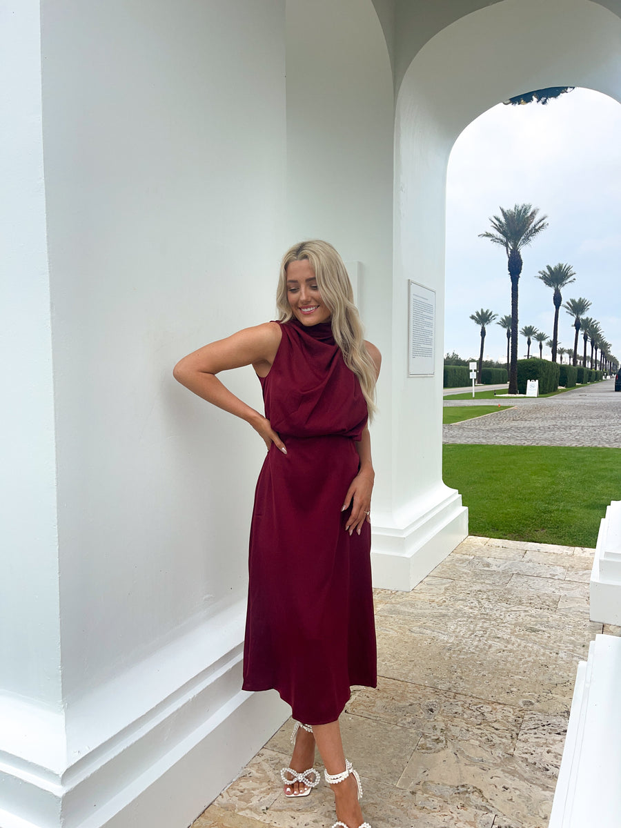 Sabrina Satin Mock Neck Cocktail Dress - Burgundy