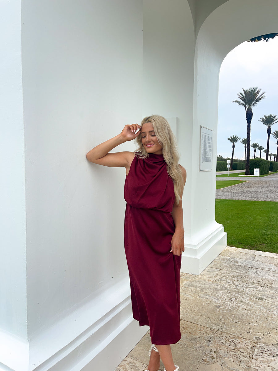 Sabrina Satin Mock Neck Cocktail Dress - Burgundy