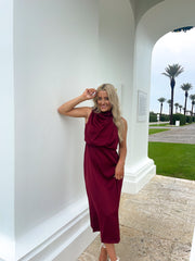 Sabrina Satin Mock Neck Cocktail Dress - Burgundy