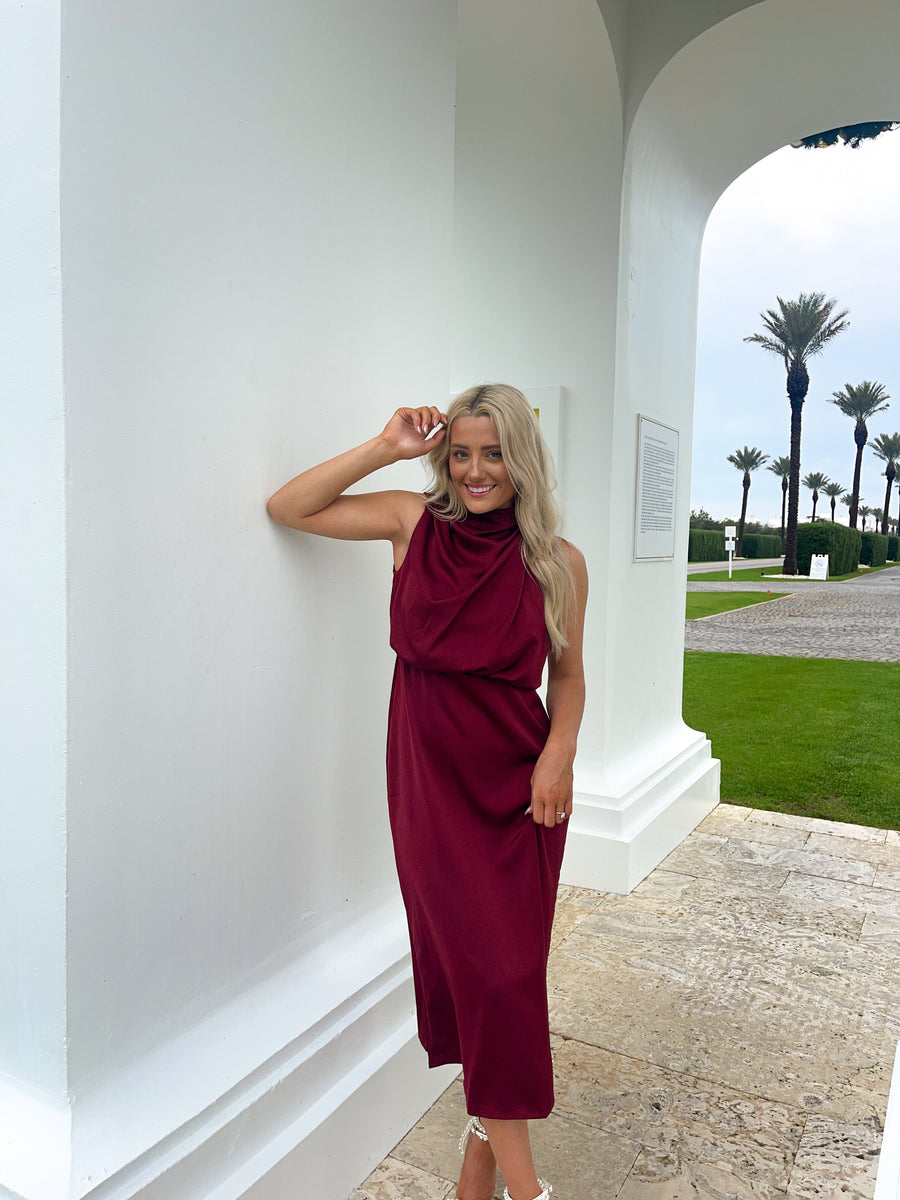 Sabrina Satin Mock Neck Cocktail Dress - Burgundy