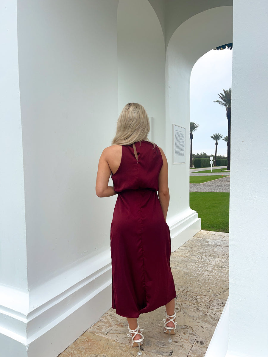 Sabrina Satin Mock Neck Cocktail Dress - Burgundy