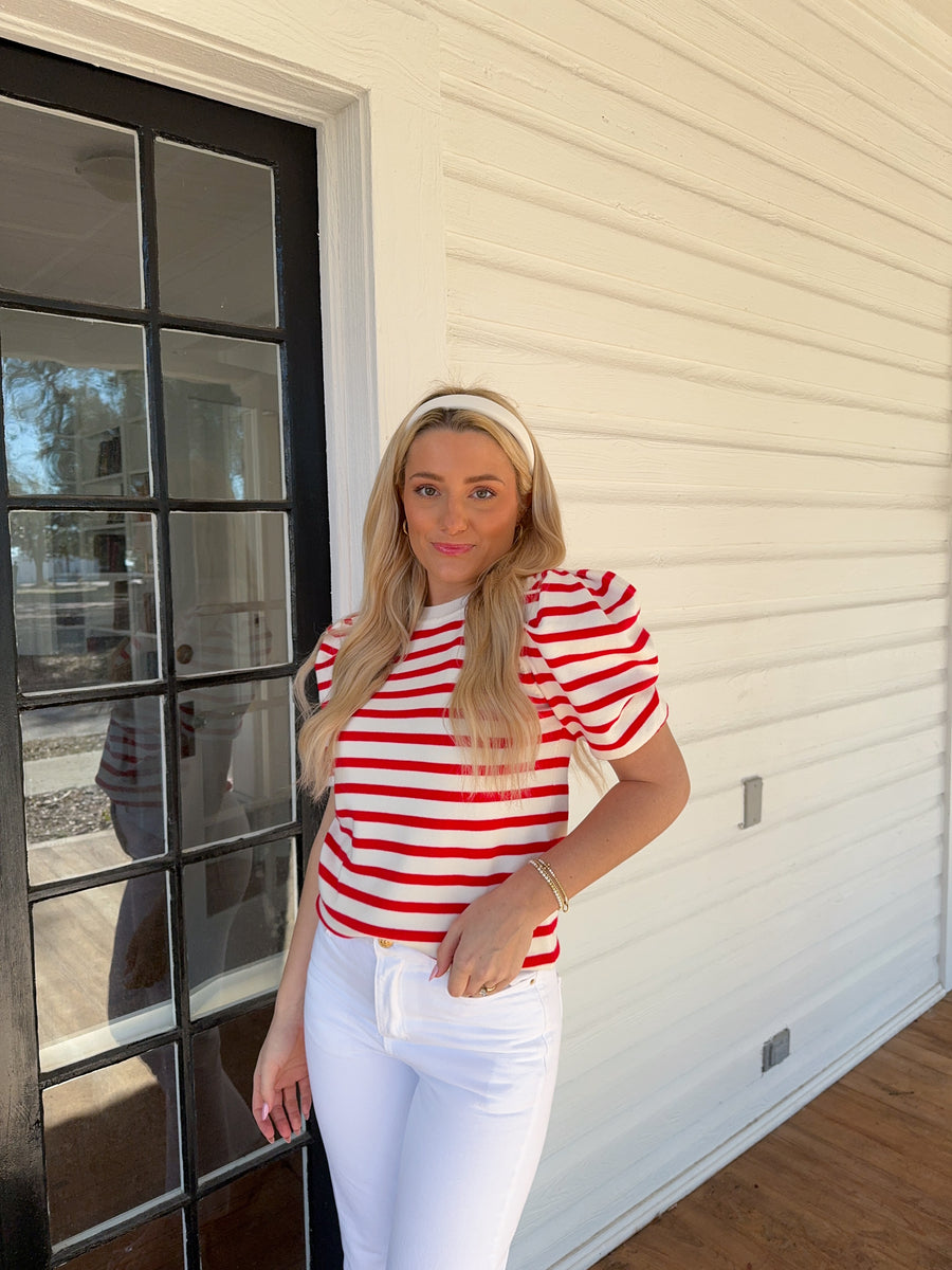 Blaire Puff Striped Top - Red