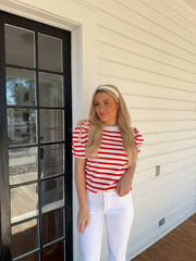 Blaire Puff Striped Top - Red